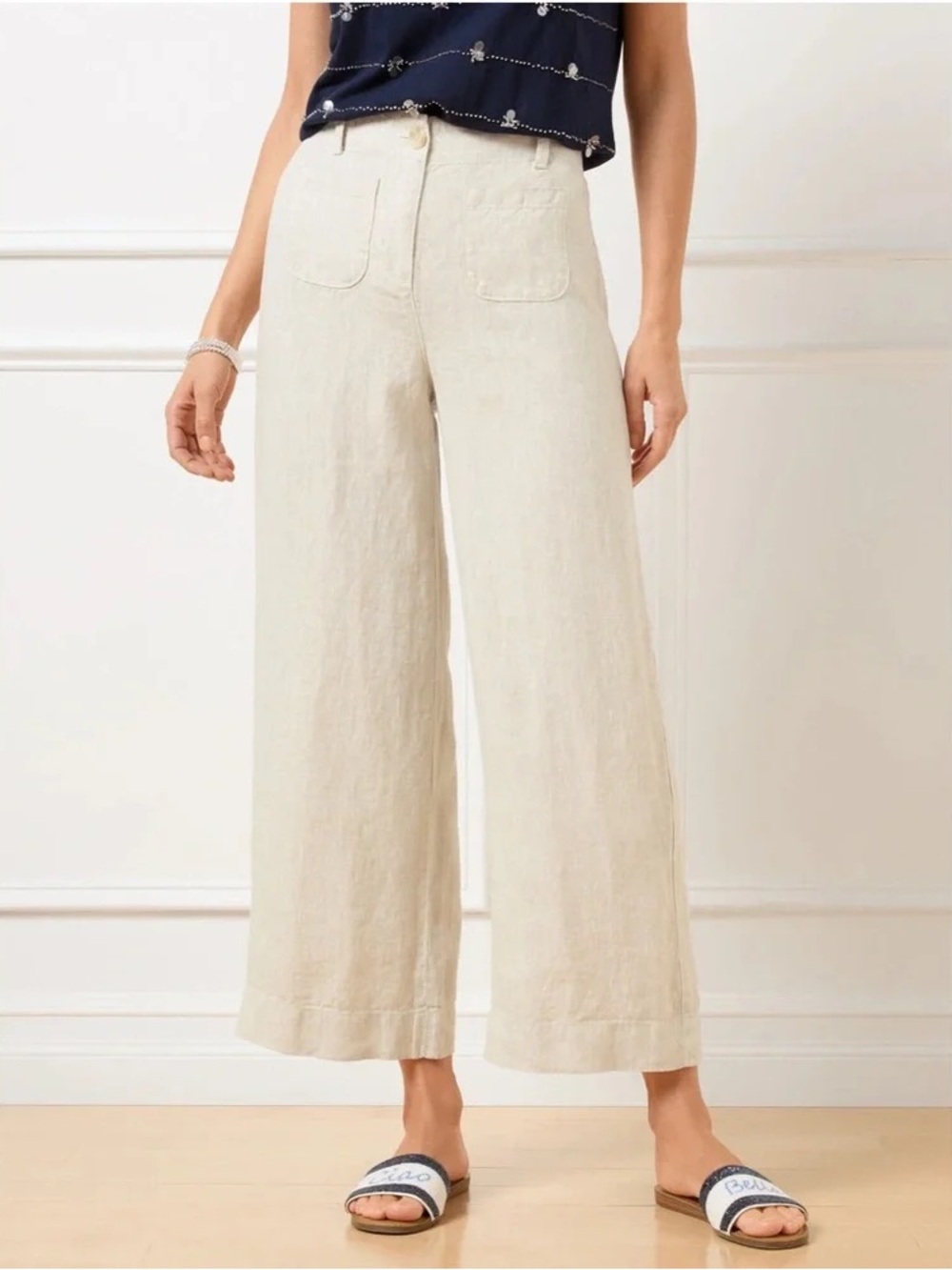Talbots Wide Leg Linen Crop Pants 8P Patch Pocket Minimalist Quiet Luxury